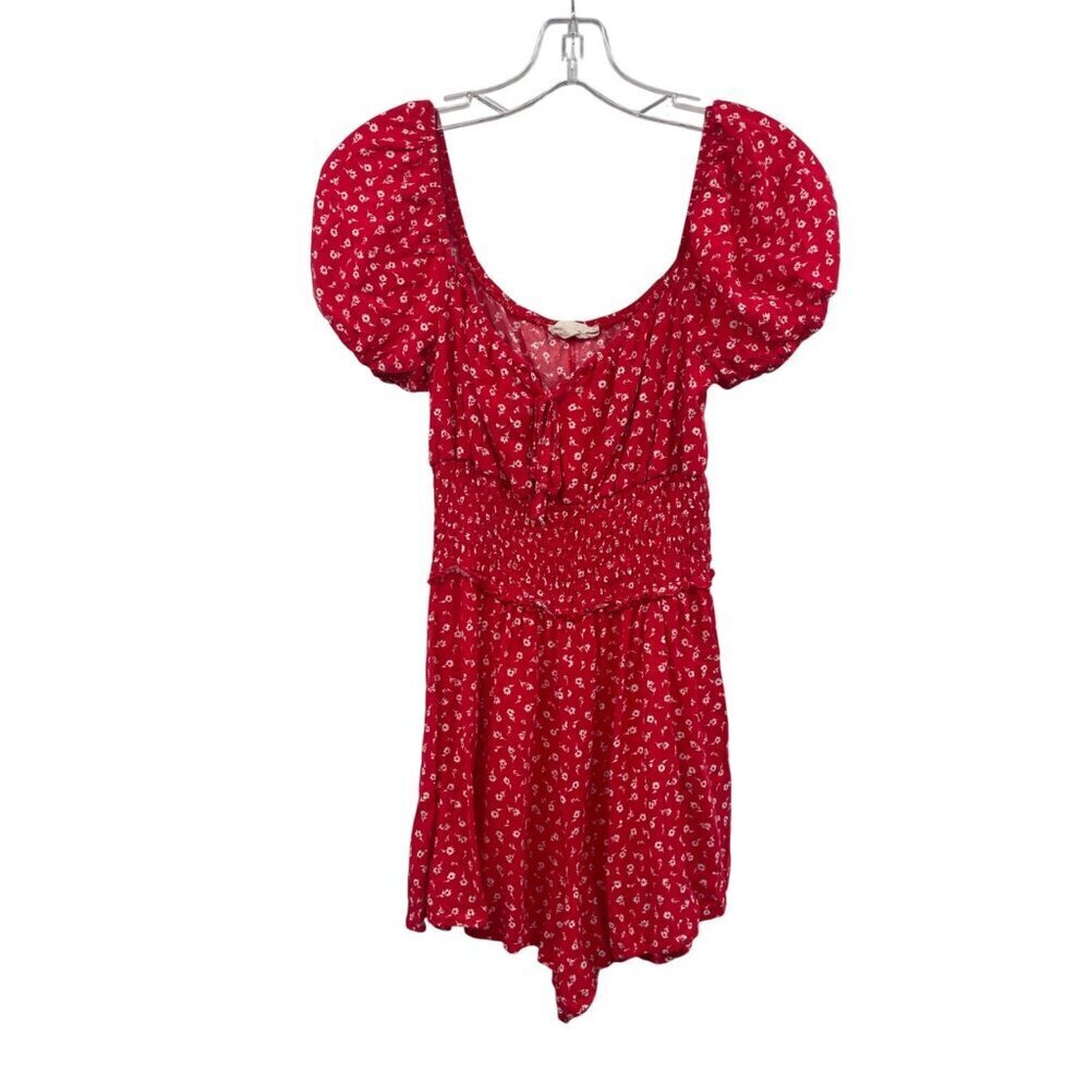 Altar'd State Floral Romper Smocked Waist Short Puff Sleeve Red/White Medium